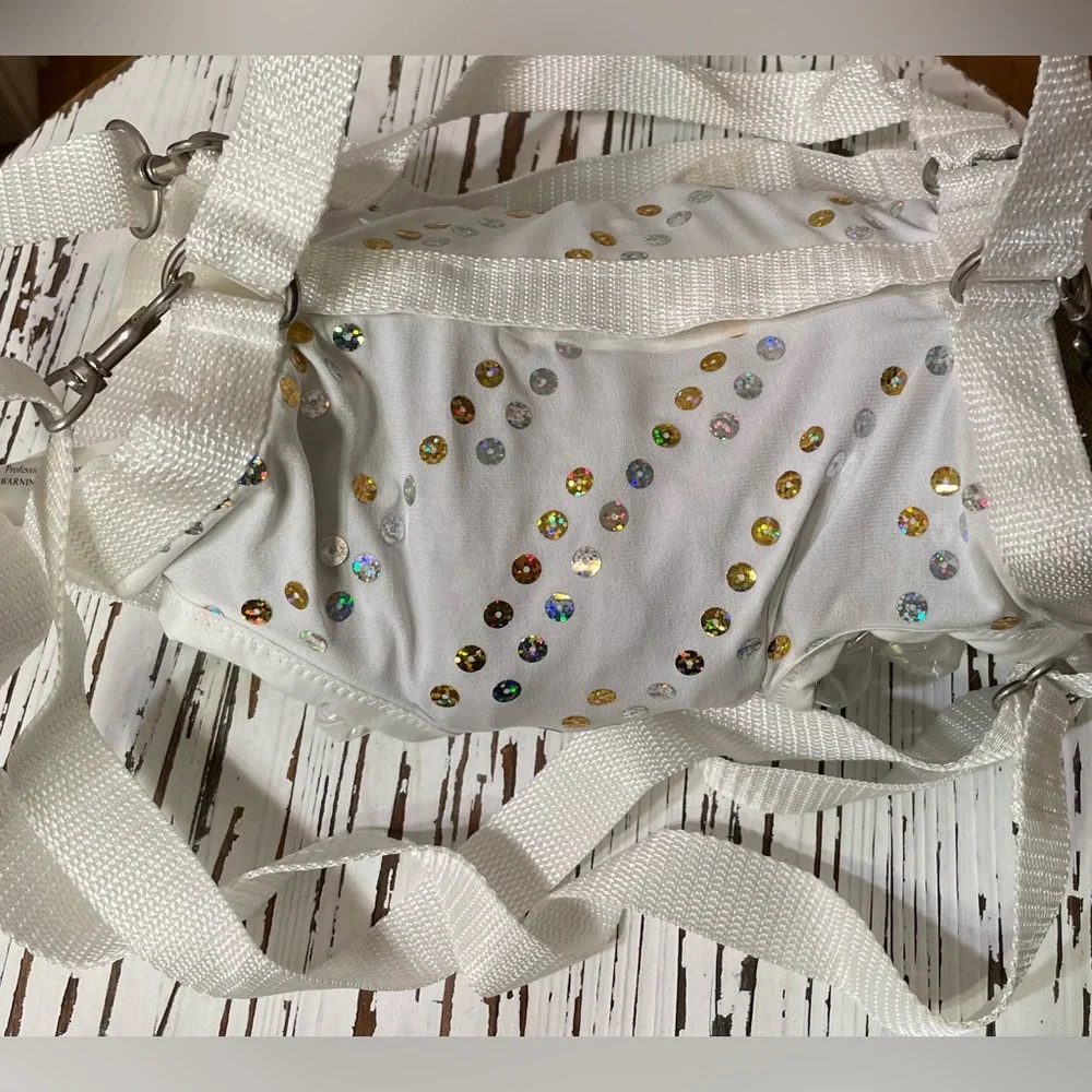 White with Silver and Gold Sequins Puppy Purse and Harness. X-Large